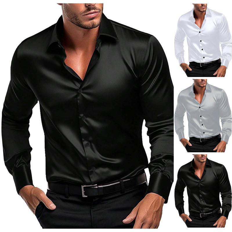 Mens Formal Look - Herren Glänzendes Satin-Langarm-Hemd mit Reverskragen, Knopfleiste,