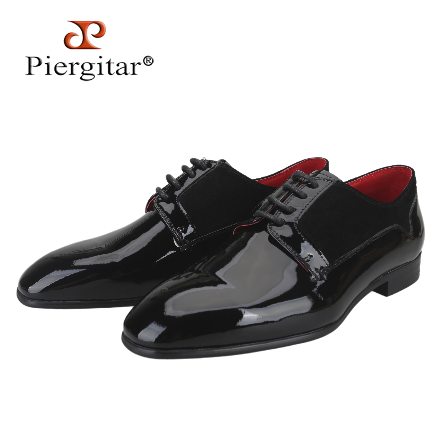 Men Formal Wear Brands - Piergitar Italienische Luxusmarke Schwarze Lackleder-Patchwork-Wildleder-Oxfords für