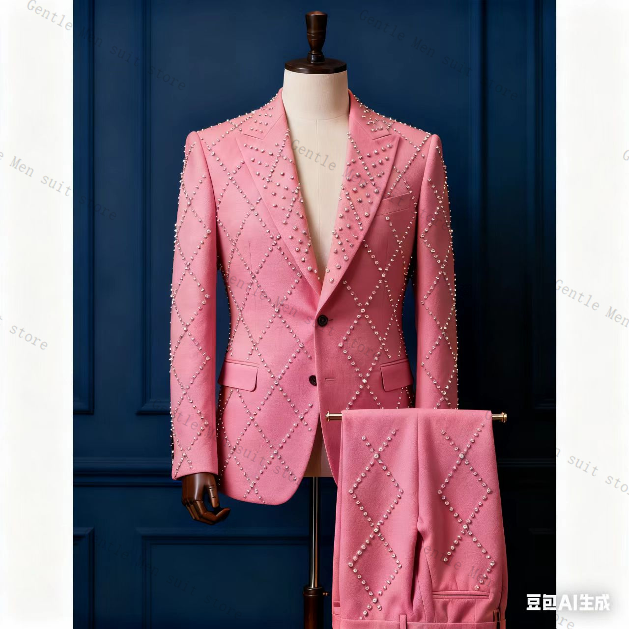 Men Formal Wear Pink - Rosa Herrenanzug-Set, 2-teilig, Steinblazer + Hose,