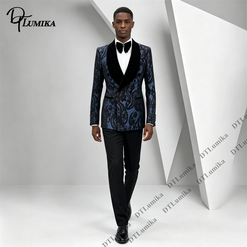 Men Formal Wear Office - Zweiteiliger Paisley-Jacquard-Smokinganzug aus schwarzem Samt mit